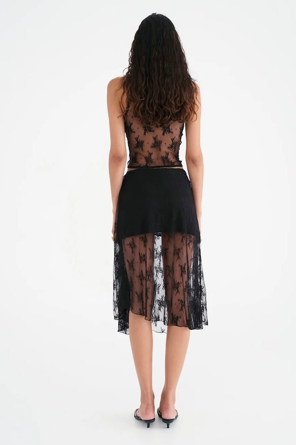 Margot Lace Tank Black by Benni — Romantic V-neck stretch lace tank with fully lined bust and sheer waist. Finished with lingerie trim. Pair with Flynn Midi Skirt.
