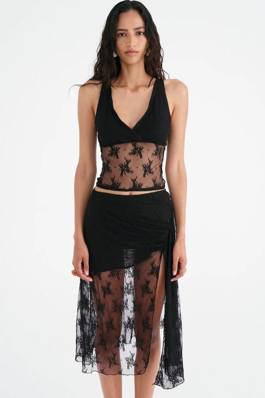 Margot Lace Tank Black by Benni — Romantic V-neck stretch lace tank with fully lined bust and sheer waist. Finished with lingerie trim. Pair with Flynn Midi Skirt.