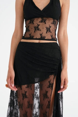 Margot Lace Tank Black by Benni — Romantic V-neck stretch lace tank with fully lined bust and sheer waist. Finished with lingerie trim. Pair with Flynn Midi Skirt.