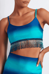 Ombre Beaded Cropped Top High Tide by PatBo, stunning limited-edition beaded crop with adjustable straps and back clasp, perfect for trendy events and viral fashion moments.