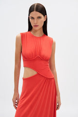 Sierra Jersey Gown Tomato Red by Misha – A trendy, sophisticated maxi with hand-twisted cords and soft pleated jersey, perfect for elegant occasions and casual glam.