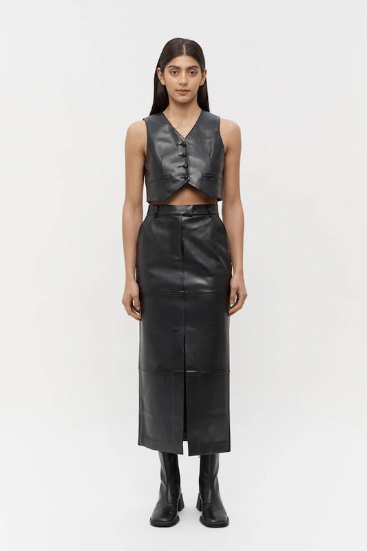 Friend of Audrey | Willa Vegan Leather Midi Skirt Black | Girls with Gems