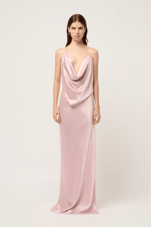 Iced Bias Maxi Dress Pink by Michael Lo Sordo – Draped silk maxi with asymmetrical straps, open back, and side split skirt.