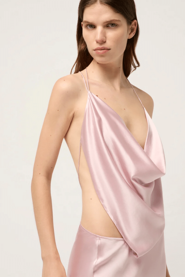 Iced Bias Maxi Dress Pink by Michael Lo Sordo – Draped silk maxi with asymmetrical straps, open back, and side split skirt.