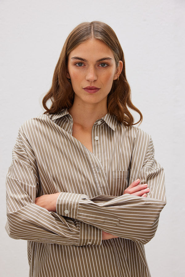 LMND | Chiara Mid Length Stripes Shirt Khaki/White | Girls With Gems