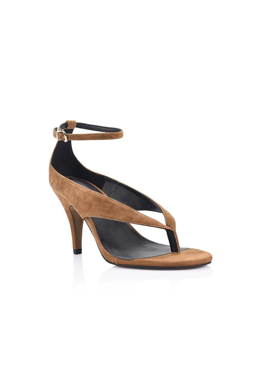 Hazel Sandal Brown Suede by Lana Wilkinson, suede heeled sandal with fluted heel, perfect for day to night styling.