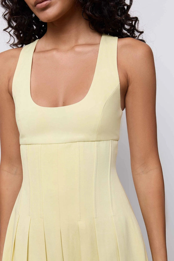 Cotton Mix Cinched Midi Dress Lemon by Odd Muse, structured midi dress with boned bodice and full skirt