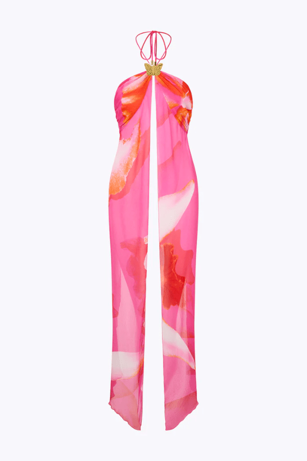 Coral Drape Top Wildflower by Cin Cin, delicate halter-neck with gold clasp and watercolor Wildflower print, perfect for trendy viral soirées and luxe poolside style.