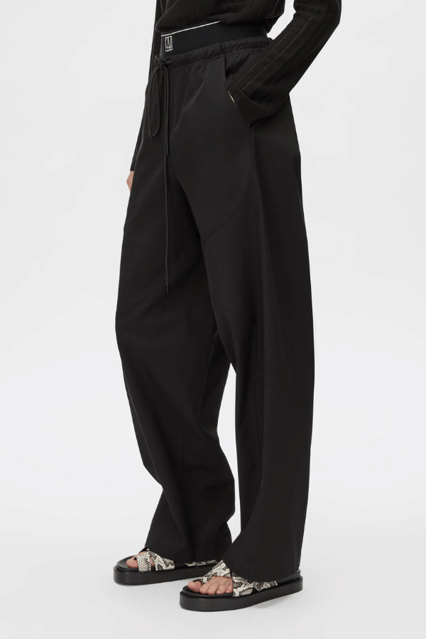 Cella Monogram Elastic Pant Black by Camilla and Marc, relaxed mid-rise pant with monogram waistband, slant pockets, and refined panel stitching.