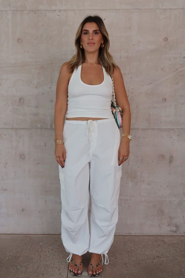Cargo Link Pants White by Sneaky Link, versatile low-rise cargo pants with adjustable waist and hem ties for a laid-back or cuffed streetwear look.