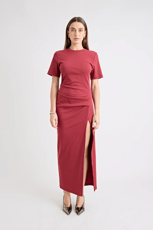 Pfeiffer Portia Dress in Cherry, a maxi T-shirt dress with hip tucks, side slit, and heavyweight cotton blend for structure and comfort.