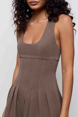 Cotton Mix Cinched Midi Dress Mushroom by Odd Muse, fit and flare dress with boned bodice and full skirt
