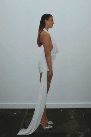 Tiffany Dress Ivory Glitter by DŽO – Trendy rhinestone-embellished sheer mesh mini with cowl neckline, ruched skirt, and dramatic side train, perfect for glamorous evening statement occasions.