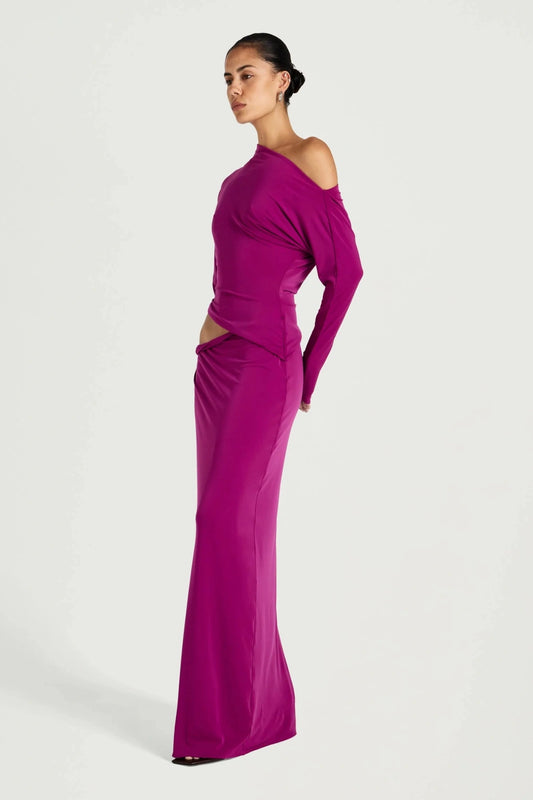 Fuchsia Maxi Dress by Benni, off shoulder jersey gown with twist waist, perfect for events or evening styling