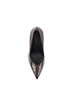 Molly Pump Espresso Croc-Embossed Leather by Lana Wilkinson, pointed toe leather pump with sculptural 10cm heel