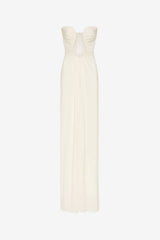 Florence Jersey Dress Ivory by Misha, strapless ruched maxi dress with plunge neckline, perfect for elegant evening occasions