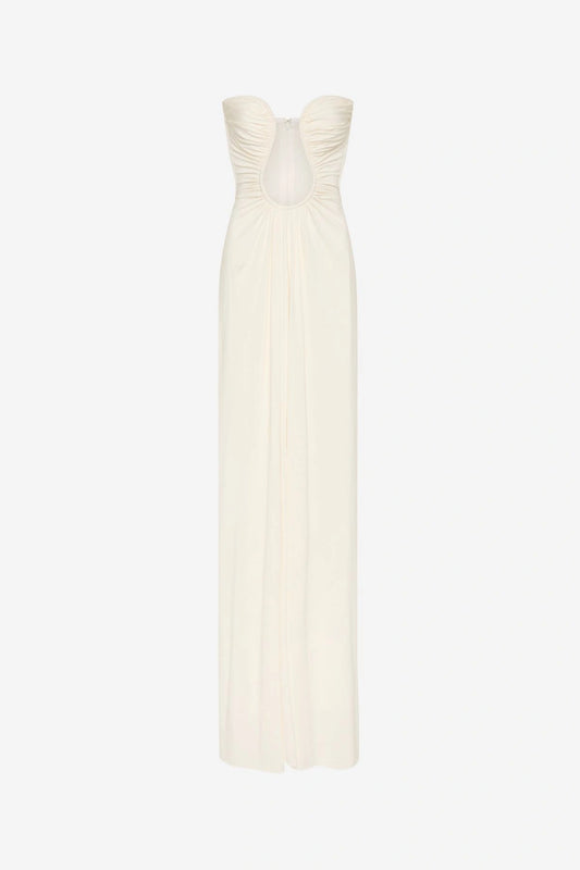 Florence Jersey Dress Ivory by Misha, strapless ruched maxi dress with plunge neckline, perfect for elegant evening occasions