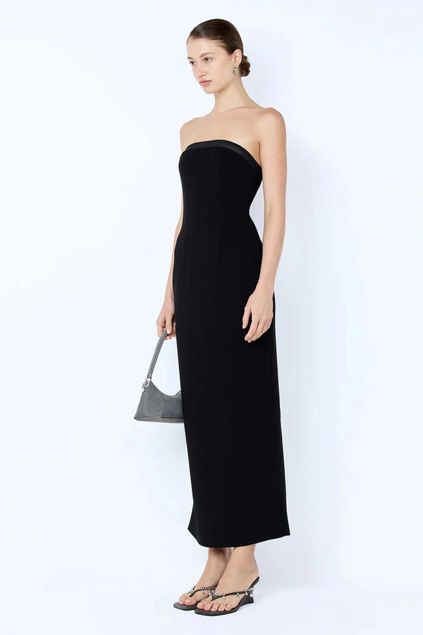 Romee Strapless Midi Dress by Bec + Bridge, a sculpted black silhouette with power-mesh detail. Perfect for formals or prom nights.