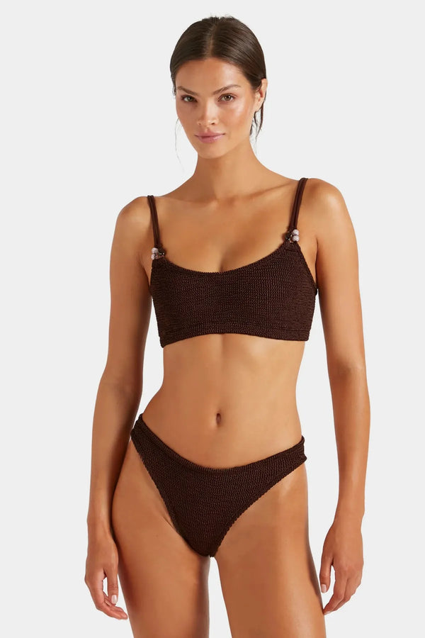 Cassie Beaded Bikini Metallic Chocolate by Hunza G, crinkle bikini with beaded straps, perfect for beach or pool styling