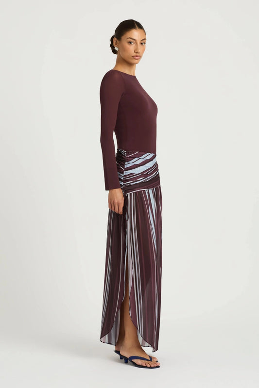 Jana Long Sleeve Maxi Dress Midnight Stripe by Benni, sheer maxi dress with scoop back, perfect for evening or event styling