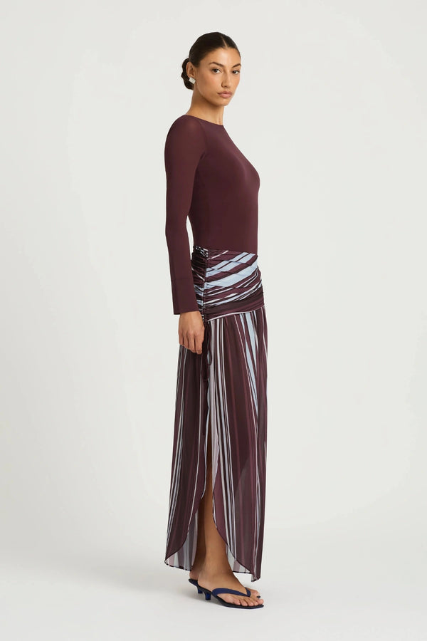 Jana Long Sleeve Maxi Dress Midnight Stripe by Benni, sheer maxi dress with scoop back, perfect for evening or event styling