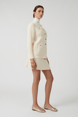 Helena Jacket Ivory by Onte – Breathable 100% cotton crochet-knit jacket with loose fit, gold buttons, crew neck, long sleeves, and patch pockets. Hand wash cold, dry flat.