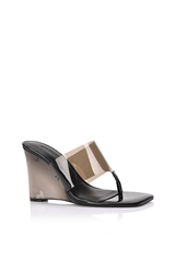 Sienna Heel Black by Lana Wilkinson, thong heel with lucite wedge and vinyl upper, perfect for day to night styling