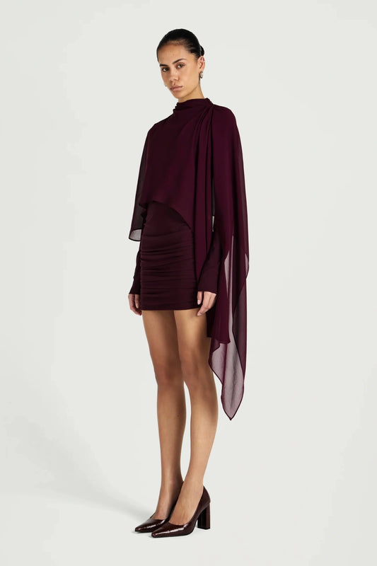 Silas Mini Dress by Benni, ruched jersey mini dress with chiffon cape, perfect for events or evening styling