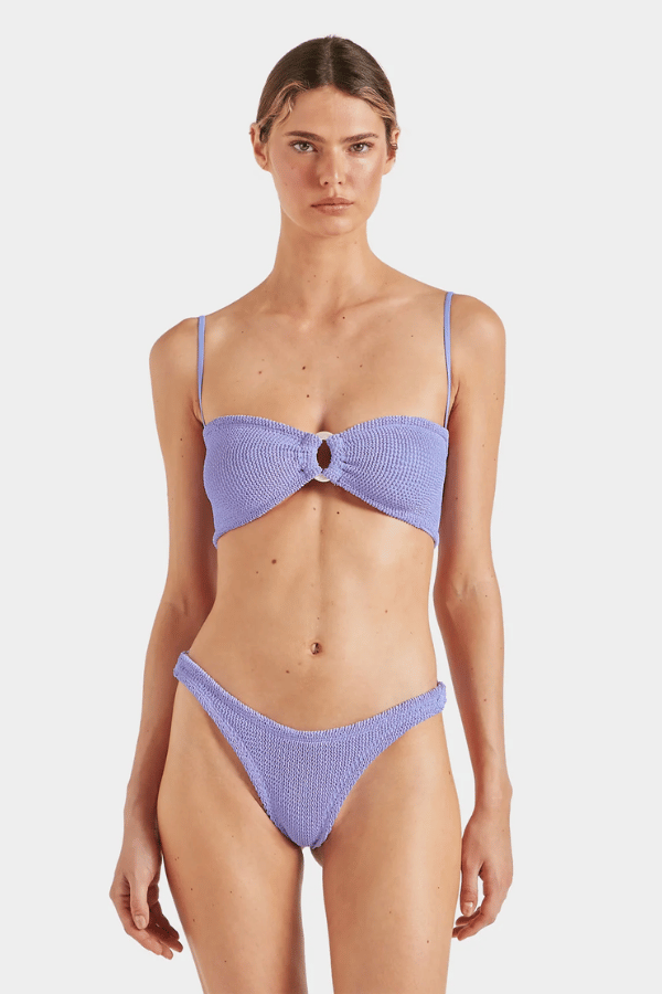 Misty Bikini Lilac by Hunza G – Sculpting one-size bikini with skinny straps, pearly hoops, and medium bust support
