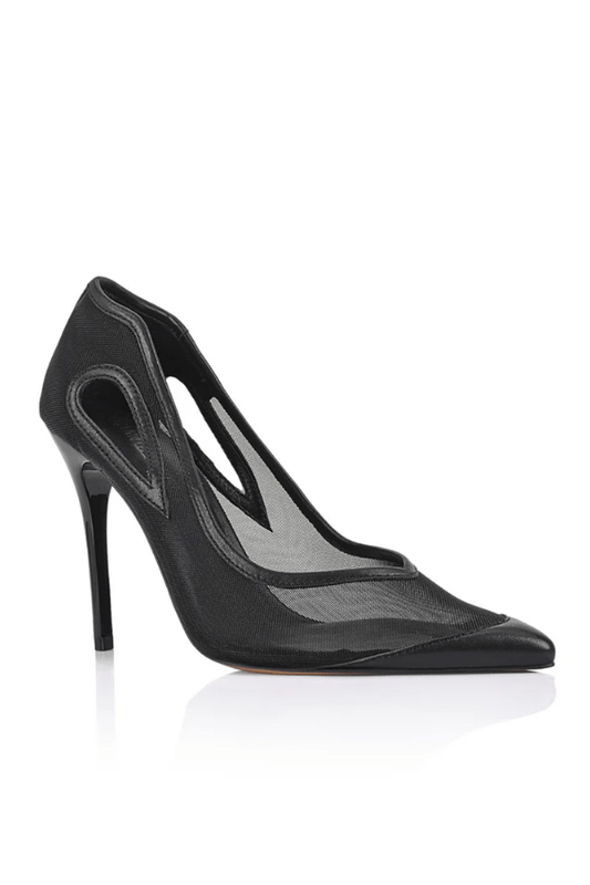 Catherine Heel Black by Lana Wilkinson — Sleek sheer mesh pump with leather trim and 10.5cm stiletto heel. Bold and sophisticated for evening or statement looks.