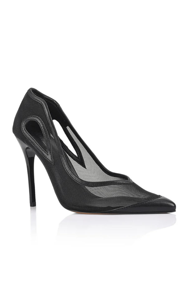 Catherine Heel Black by Lana Wilkinson — Sleek sheer mesh pump with leather trim and 10.5cm stiletto heel. Bold and sophisticated for evening or statement looks.