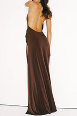 Winona Gown Espresso by Natalie Rolt, halter maxi dress with draped detail, perfect for formal events and evening styling