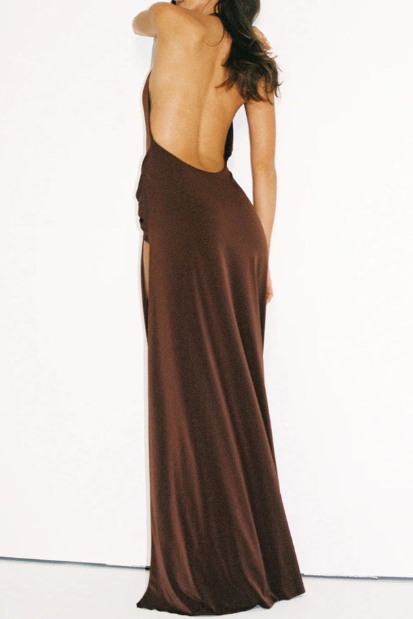Winona Gown Espresso by Natalie Rolt, halter maxi dress with draped detail, perfect for formal events and evening styling