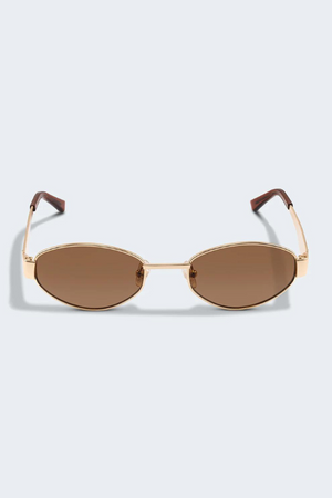 MU 52YS Brass Gold w, dark brown by Miu Miu, oval metal frame in pale gold with grey gradient polyamide lenses, narrow fit, high bridge nosepads for style and comfort.