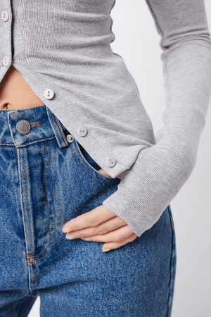 Lyon Cardigan Grey Marle by Mossman, warm double-layer ribbed jersey with round neckline, button front, and thumbhole sleeves, perfect for trendy viral layering and sleek everyday style.