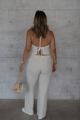 Charlie Halter Top Sand/White by Sneaky Link – A trendy summer essential with a chic halter neckline and open back, perfect for beach-to-bar style.