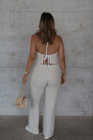 Charlie Halter Top Sand/White by Sneaky Link – A trendy summer essential with a chic halter neckline and open back, perfect for beach-to-bar style.