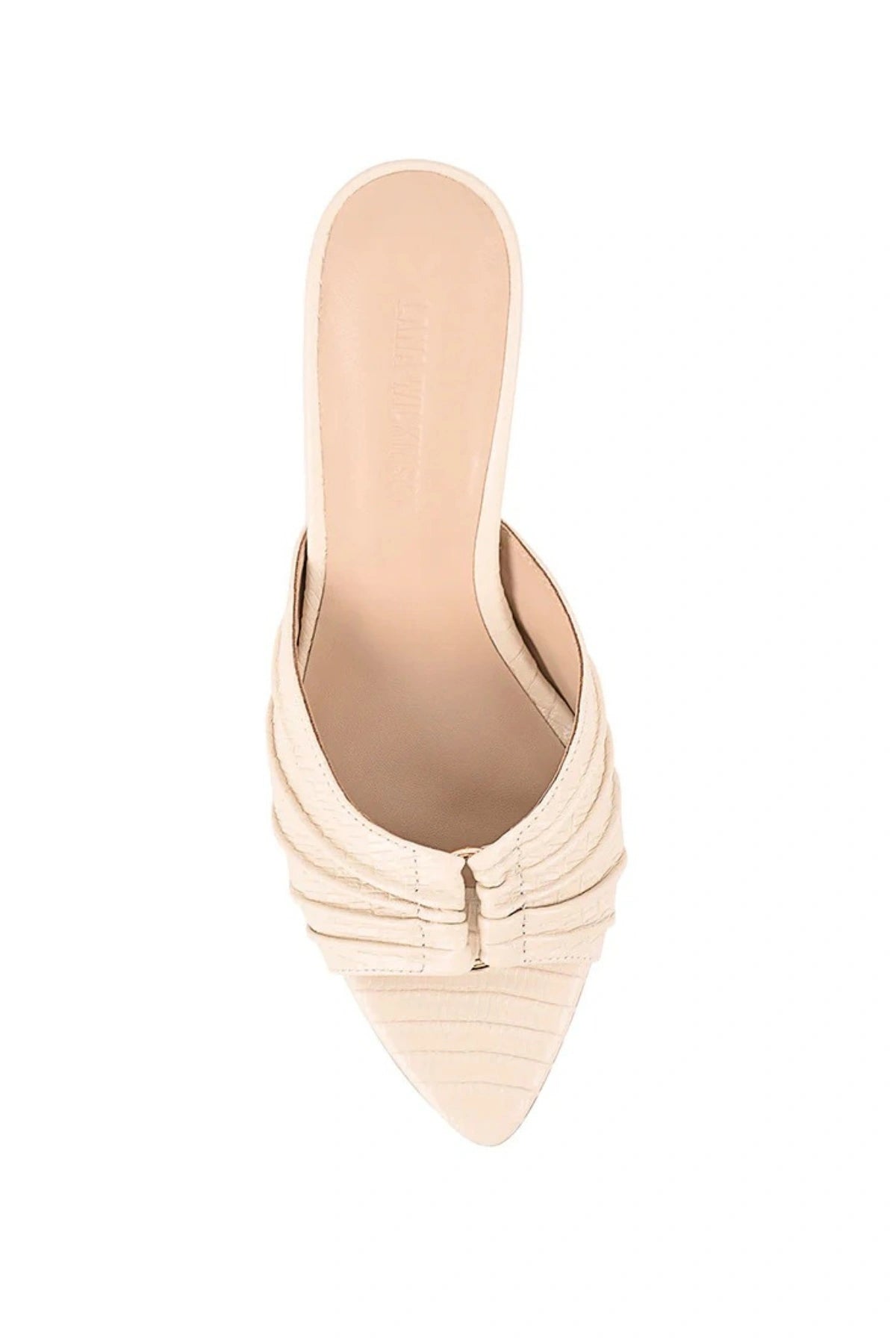Carrie Mule by Lana Wilkinson, ivory lizard-embossed leather heel with gathered pleats and pointed toe. Perfect for sleek styling.
