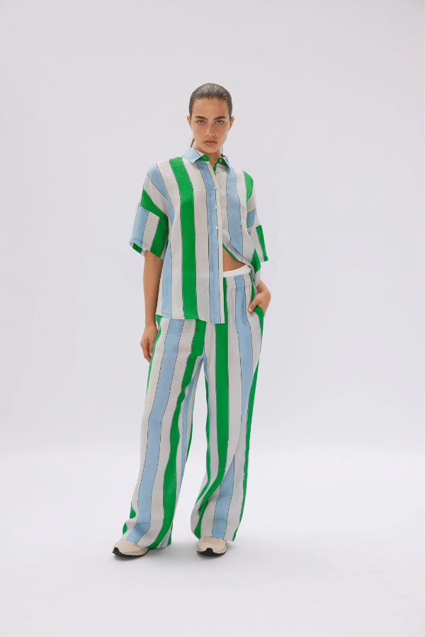LMND | Marala Short Sleeve Linen Shirt Stripe Verde/Azure | Girls With Gems