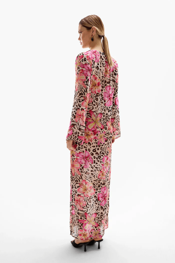 Hotline Orchid Maxi Dress Safaria by Cin Cin – Trendy and bold, this maxi features vibrant floral and animal prints, semi-sheer viscose, and a sultry keyhole bust. Perfect for beach-to-bar days and warm evenings.