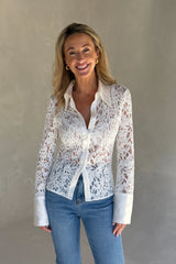 Emilie Lace Long Sleeve Shirt White by Sneaky Link, floral lace shirt with contrast collar, cuffs and sheer sleeves.