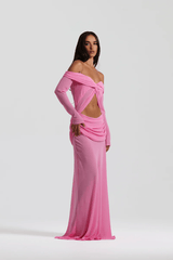 Emily Gown Candy Pink by Natalie Rolt – A trendy, ethereal georgette gown with off-shoulder draping and fluid bias cut, perfect for special occasions and statement-making moments.