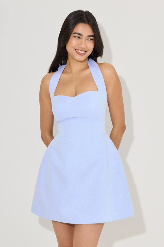 Cotton Mix Pinstripe Mini Dress Blue Pinstripe by Odd Muse, halter mini dress with signature cinched waist and pinstripe design.