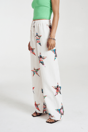 Elastic Waist Pants Star X Lovers by Summi Summi,comfy linen-rayon pants with elastic waist, adjustable drawstring, and pockets, perfect for relaxed, trendy days.