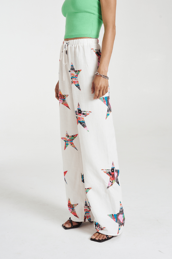 Elastic Waist Pants Star X Lovers by Summi Summi,comfy linen-rayon pants with elastic waist, adjustable drawstring, and pockets, perfect for relaxed, trendy days.