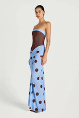 Benni strapless maxi dress with cascading hem and cut out detail, perfect for evening or event styling