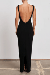Verona Gown Black by Effie Kats – Fitted stretch-crepe gown with high neckline and minimalist ‘90s-inspired silhouette.