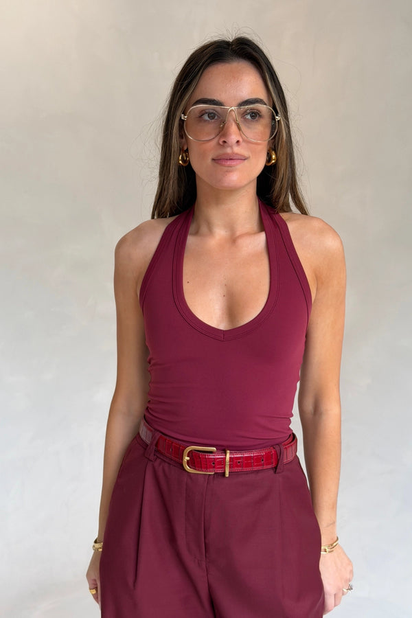 Aria Halter Neck Tank Merlot by Sneaky Link – a sculpting halter tank with seamless stretch. Perfect for everyday styling.