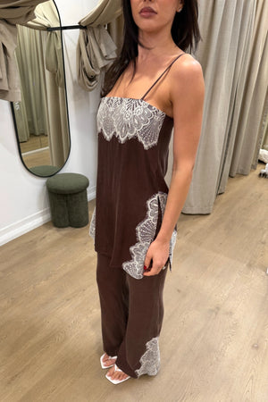 Florence Shirt Top Espresso by Summi Summi – relaxed cupro rayon camisole with cream lace trim and adjustable straps.