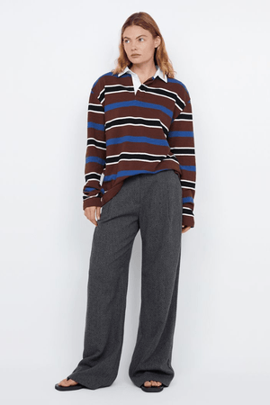 Shae Oversized Pant Charcoal by Bec + Bridge, wide-leg embroidered herringbone suiting with pleat detail, relaxed mid-low waist fit, perfect for work or casual chic.